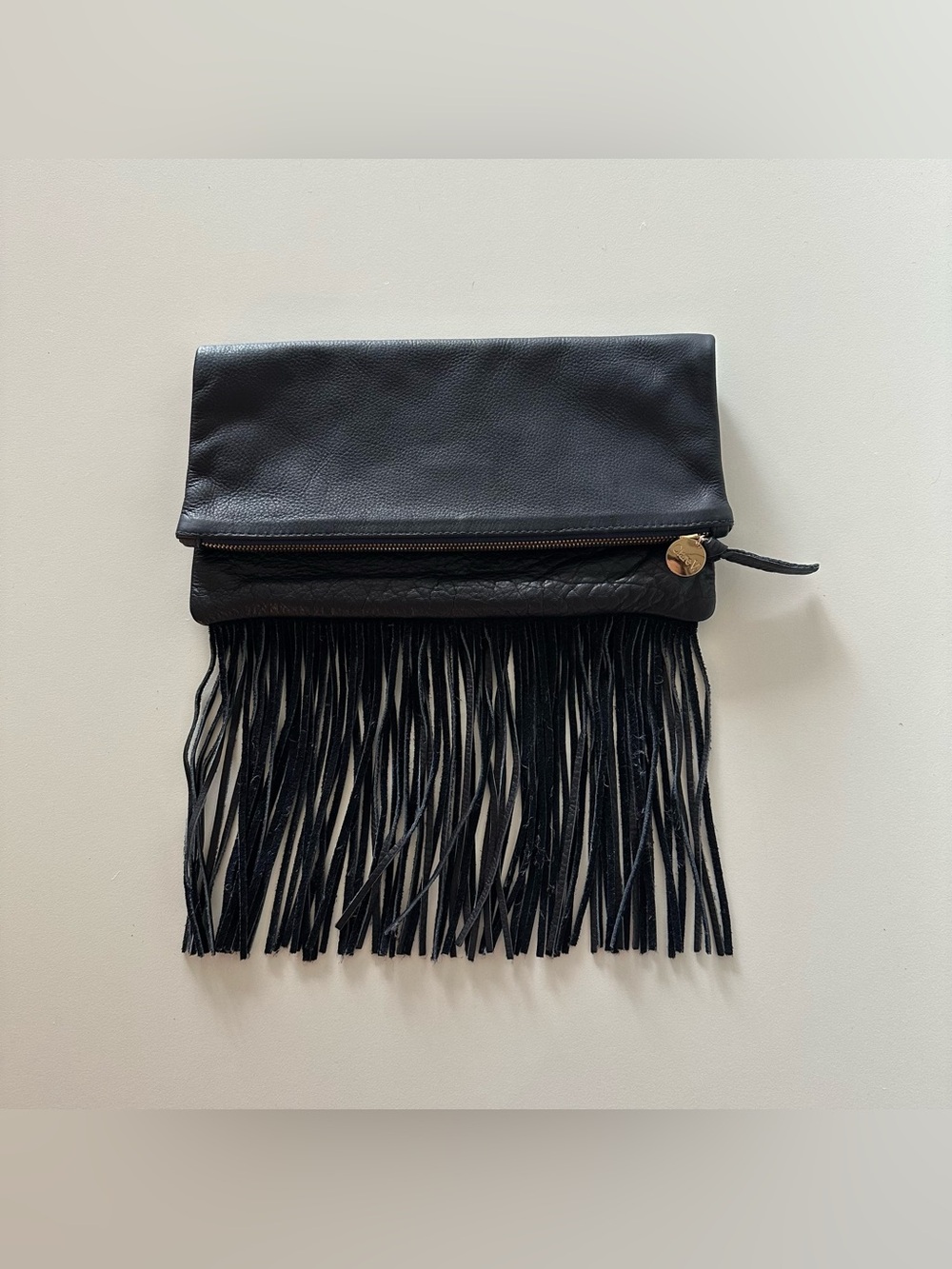 Clare V Vivier Dark Navy Blue Fringe Leather Foldover Clutch Bag Wallet Purse

V